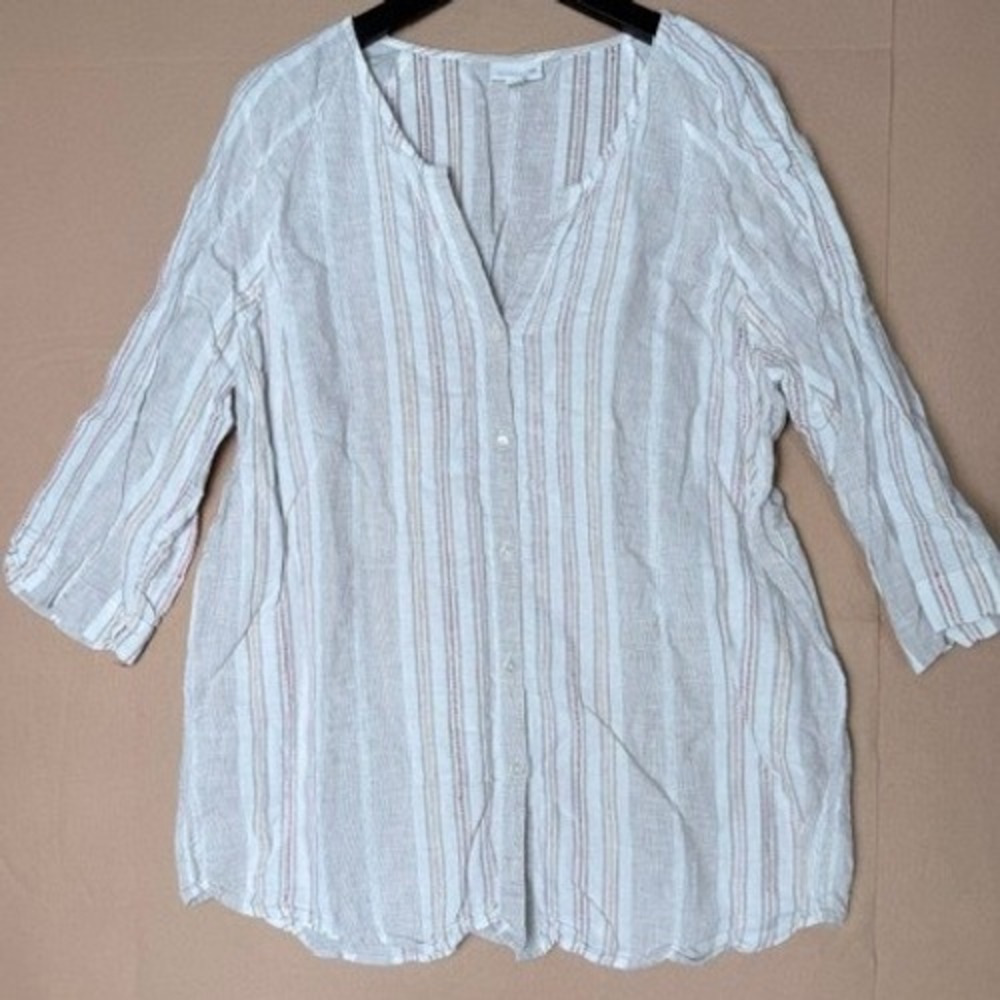 J.Jill Love Linen Womens XL 100% Linen Striped Tunic Blouse Button Front